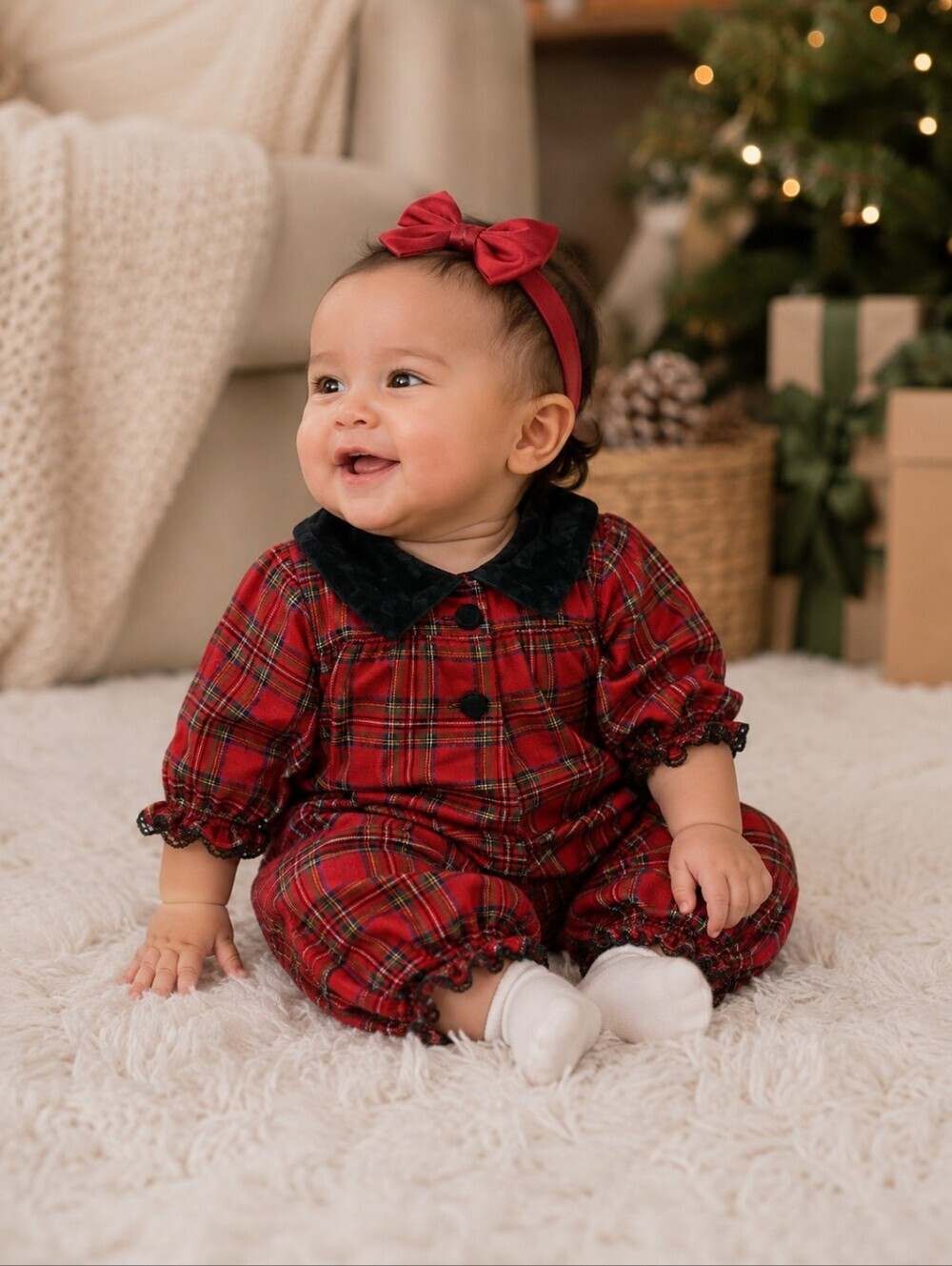 Vintage Good Lad Baby 6-9M Red Tartan Plaid Christmas Romper Holiday Outfit
